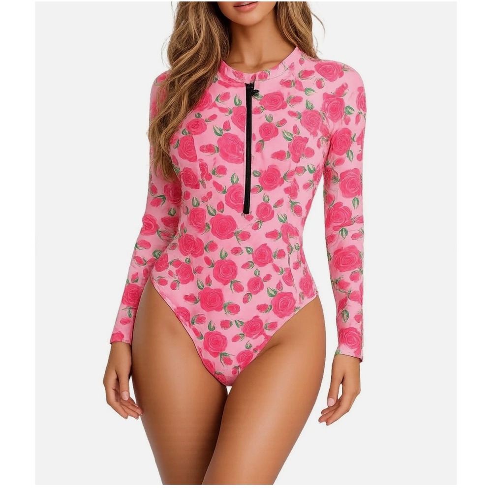 Betsey Johnson Rash Guard One Piece Swimsuit Womens LG Pink Floral Long Sleeve